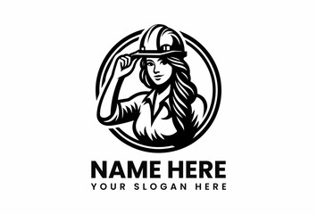 Confident Female Construction Worker in Hard Hat Smiling Logo Design.
