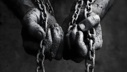 Chains of oppression: slavery roots, trade horrors, racism rise, captive lives, ownership wrong, enforced labor, freedom denied, social injustice, racial divide, exploited souls, historical burden