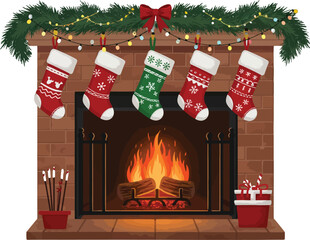 Cozy Christmas fireplace illustration with stockings, garland, and presents for festive holiday cheer and decoration