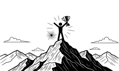 Fototapeta premium Figure with trophy on mountain top, arms raised in victory against a backdrop of clouds and sun
