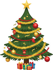Festive Christmas Tree Illustration with Star, Ornaments, Garlands, and Gifts for Holiday Season Celebration and Decoration