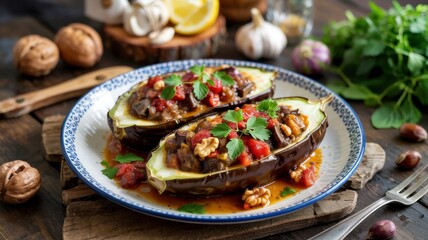 The national dish of the Abkhazian cuisine. Abaklazhanchapa – stuffed eggplant with nuts.