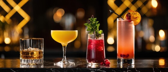 The exquisite display of cocktails showcasing vibrant colors and elegant garnishes.
