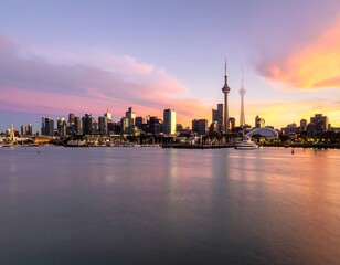 Fototapeta premium City skyline at sunset over water (4)