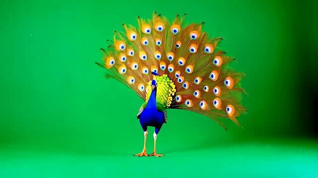 A peacock standing on top of green surface green screen animated chromakey background frame illustration gesture creative colorful layers cartoonish style emotion movement expression