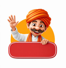 logo for an Indian restaurant featuring a shallow red rectangular banner with a cartoon mascot