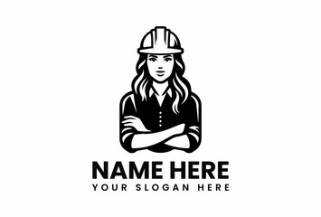 Confident Female Engineer with Hard Hat and Arms Crossed Logo.