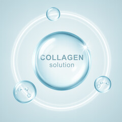 Glossy blue collagen drop with molecular structure. Beauty and skincare concept. Vector illustration