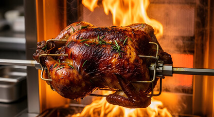 Juicy Rotisserie Chicken Roasting in a Commercial Oven with Visible Flames