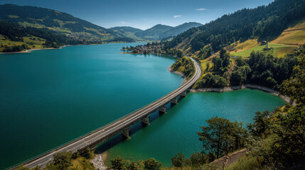 concrete bridge spans a vibrant turquoise lake