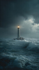 Fototapeta premium Guiding Light: A Beacon Shines Over a Stormy Sea in a Symbolic Display of Hope and Navigation During Nature's Fierce Tempest