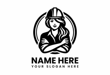 Confident female engineer with hard hat and crossed arms in bold monochrome.