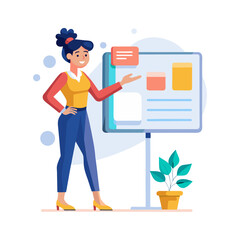 Professional Woman Giving Business Presentation with Charts on Screen – Vector Illustration for Office, Seminar, Workshop, or Webinar Concept