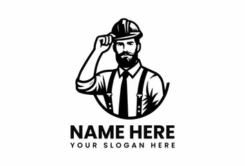 Distinguished Construction Worker with a Saluting Gesture Black and White Logo.