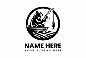 Fishing Bear in Boat Catching Fish Logo Design in Black and White.