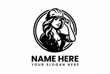 Elegant Female Construction Worker in a Circular Emblem Smiling Confidently.