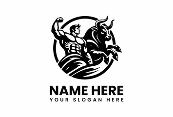 Muscular Man and Rearing Bull Silhouette Logo Design in Bold Black.