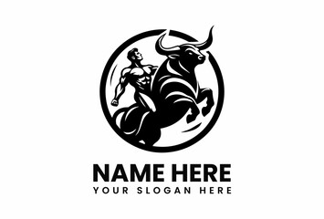 Muscular Man Riding a Powerful Bull Inside a Black Circle Logo.