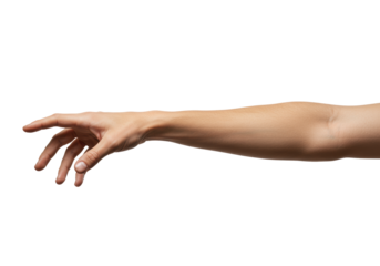 Adult bare human arm and hand, smooth healthy skin, clean nails, extended and reaching forward, fingers gently curled to grasp implied object, on a transparent seamless studio background,