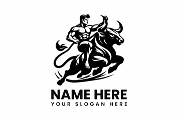 Muscular Man Riding a Powerful Bull Dynamic Logo Design.