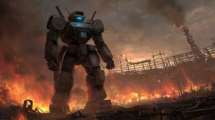 Giant Military Robot Standing Amidst Burning Cityscape at Sunset