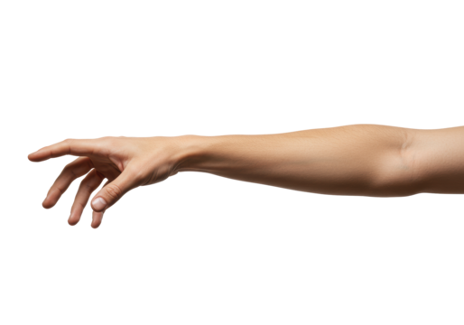 Adult bare human arm and hand, smooth healthy skin, clean nails, extended and reaching forward, fingers gently curled to grasp implied object, on a transparent seamless studio background,
