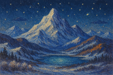Painting starlit mountain peak at night, lake under starry sky moonlight, snowy night-time mountain range.
