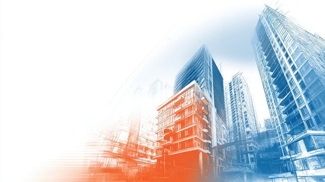 Modern Cityscape Architectural Sketch Blue and Orange Tones