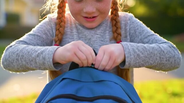 Young girl with red hair zipping a blue backpack