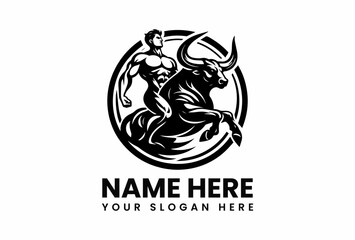 Muscular man riding a powerful bull within a circular frame black and white.