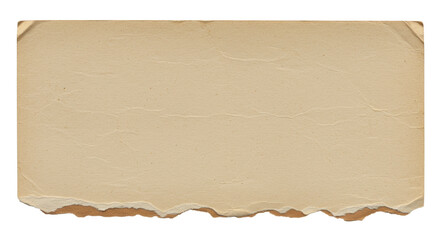 Fototapeta premium Light brown, horizontal textured aged paper strip with irregular torn edges, creases, and a rip revealing a darker layer, isolated on a clean white background with copy space, top view concept for