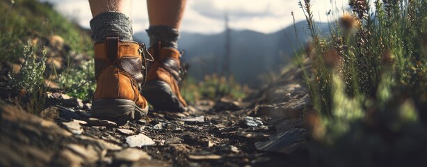 The boots on a hiking trail surrounded by beautiful mountain scenery.