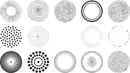 Collection of Fifteen Circular Abstract Graphics featuring Lines and Dots on White Background