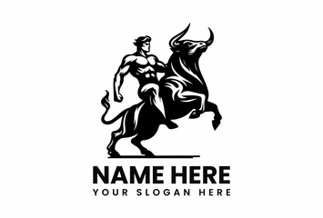 Muscular Man Riding a Rearing Bull in Striking Black and White Silhouette.
