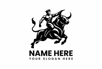Muscular Rider atop a Powerful Bull Dynamic Logo Design Concept.