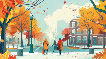 Vintage Street Scene in Autumn People Walking Vector Art
