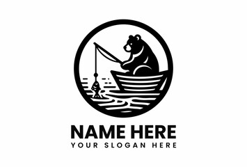 Silhouette of a Bear Fishing from a Boat in a Circular Frame on Water.