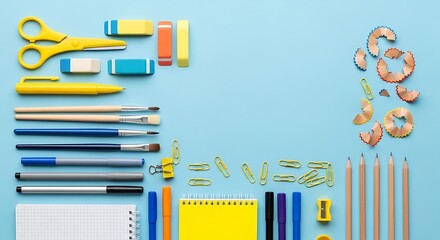 Assorted art and school supplies arranged on a light blue background
