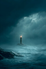 Guiding Light: A Beacon Shines Over a Stormy Sea in a Symbolic Display of Hope and Navigation During Nature's Fierce Tempest