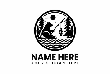 Silhouette of a Bear Fishing in a Forest Circle with Birds and Sun.