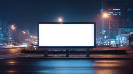 Illuminated Billboard with Blank White Display in Urban Night Setting.