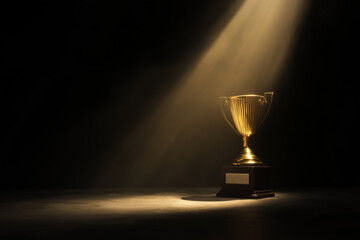 Golden trophy glowing under spotlight in dark studio, minimal composition for success theme