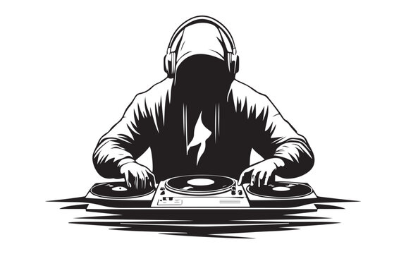 Hooded DJ Silhouette Vector  Mysterious Music Mixer Turntable Art