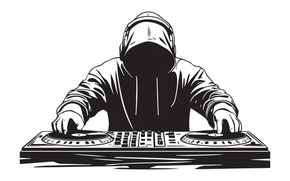 Hooded DJ Silhouette Vector  Mysterious Music Mixer Turntable Art