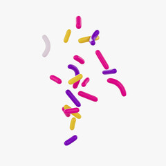 Bright and colorful candy sprinkles scattered on a white background, 3d illustration