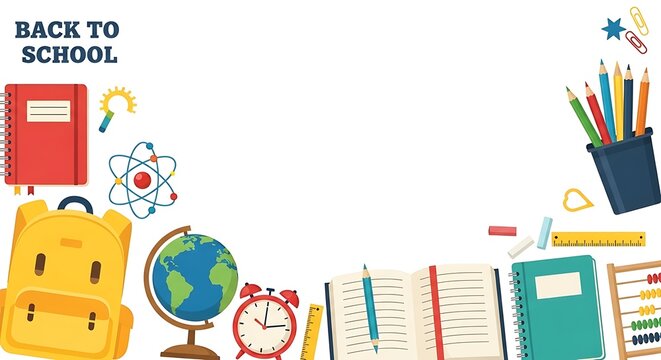 Back to School text above various school supplies including a backpack globe books and pencils