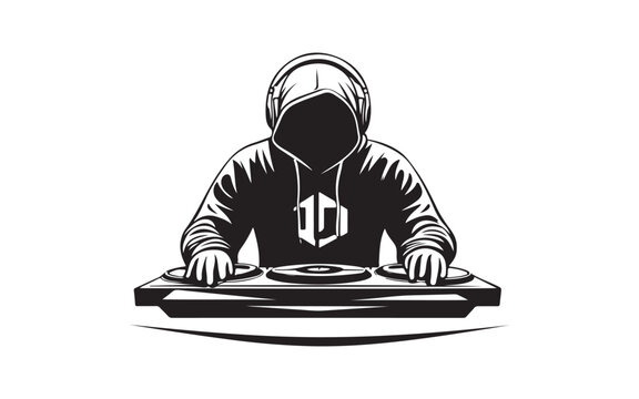 Hooded DJ Silhouette Vector  Mysterious Music Mixer Turntable Art