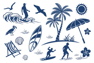 Hand-drawn doodle beach and surf icon vector set with tropical elements like palm trees, waves, surfboards, and sun. Perfect for summer designs, t-shirts, posters, and coastal design.