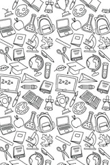 Coloring Book Kids Back to school seamless pattern featuring education icons like books, laptops, and globes in a hand-drawn style for creative projects and backgrounds.
