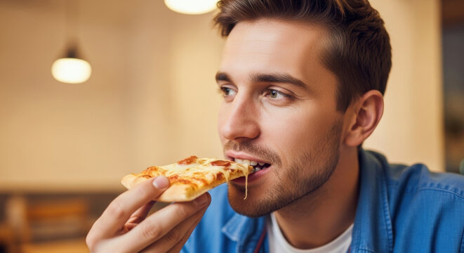 Relaxed young man enjoying delicious cheese pizza slice in cozy cafe while looking thoughtfully out the window, savoring tasty meal during leisure time